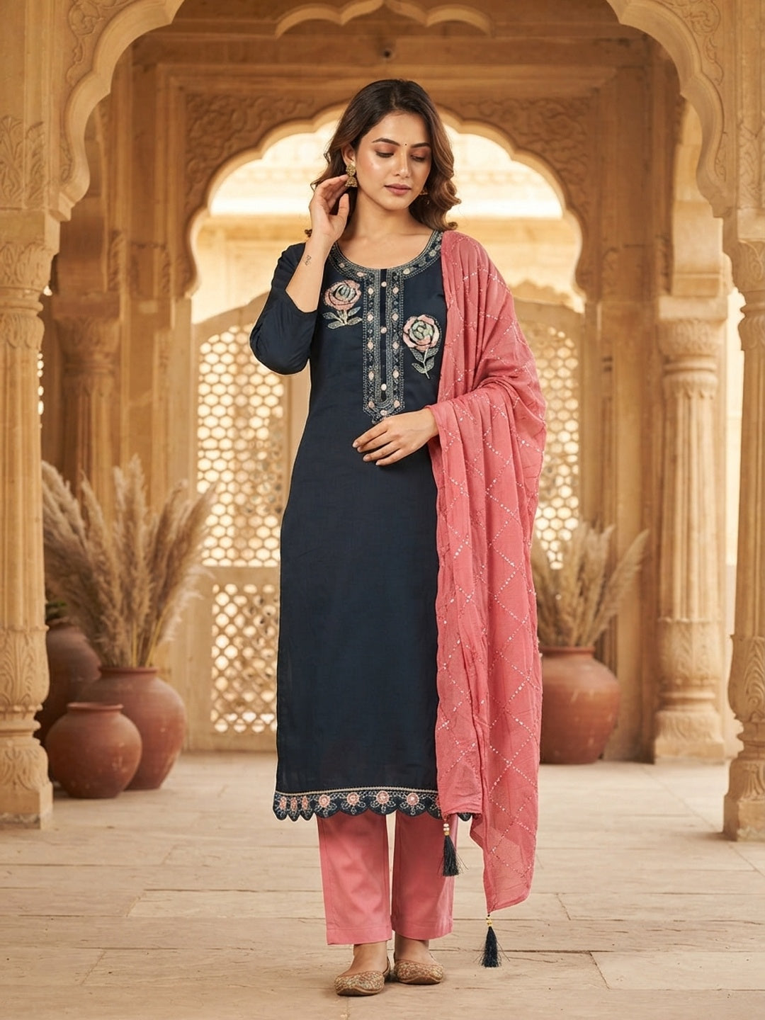 Dark Blue Pure Cotton Dress Material Adorned With Floral Embroidery & Sparkling Swarovski - Image 1