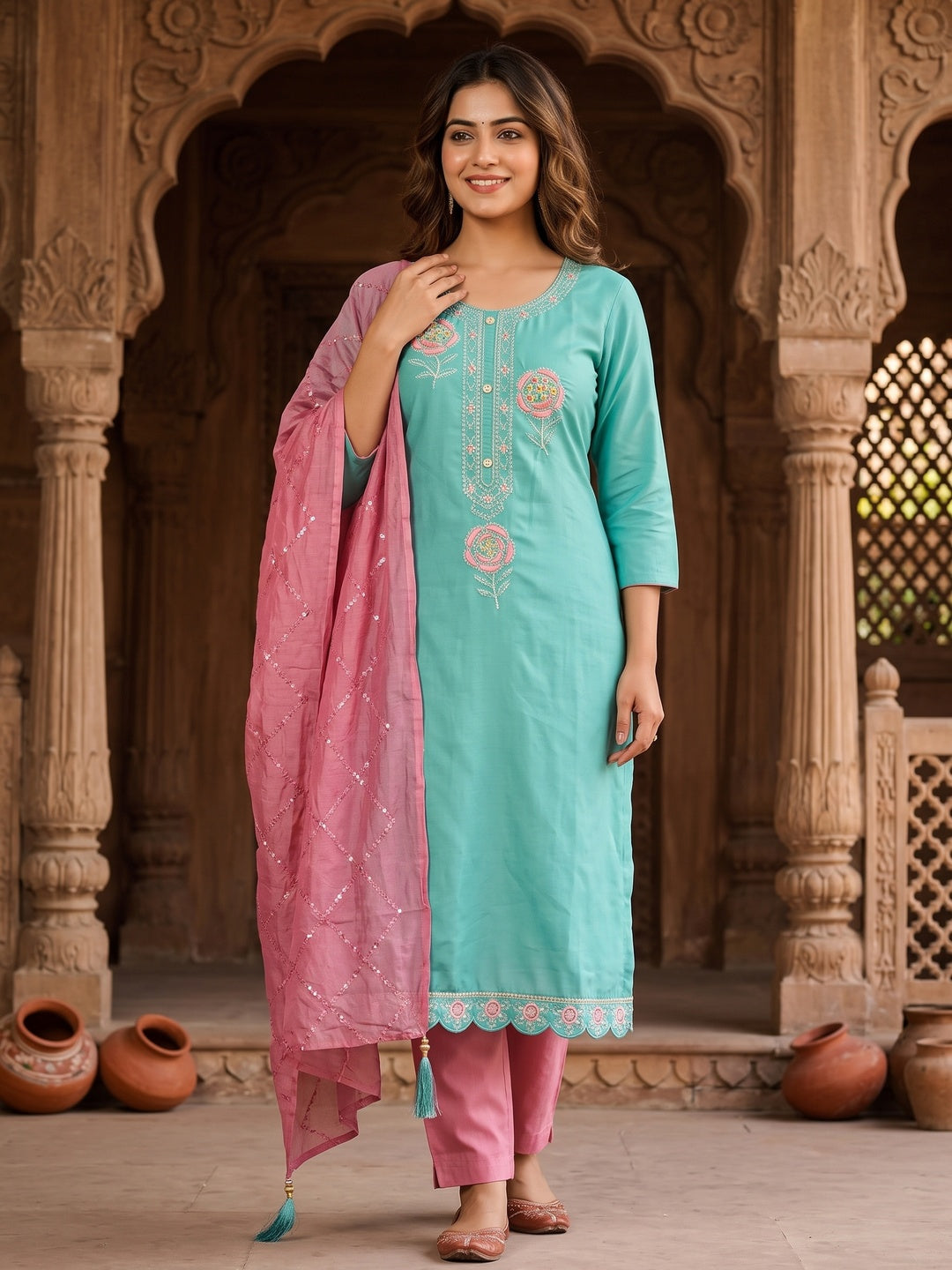 Turquoise Pure Cotton Dress Material Adorned With Floral Embroidery & Sparkling Swarovski - Image 1