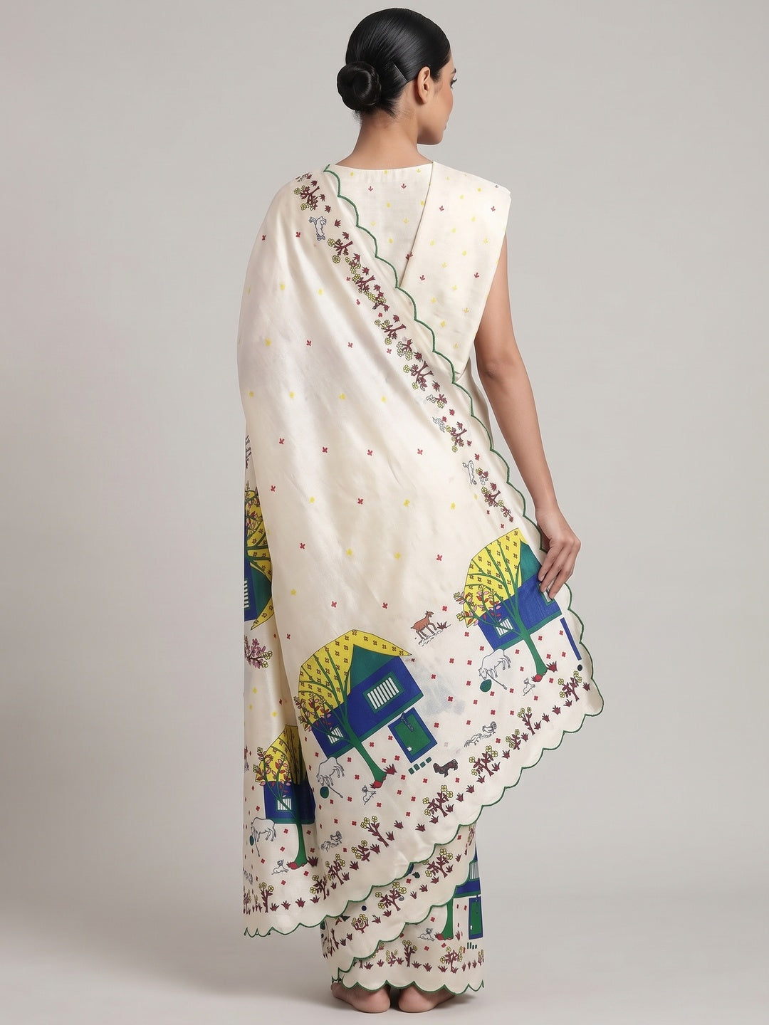 Designer Off White Soft Dola Silk Saree with Subtle Warli Print Detailing - Image 3
