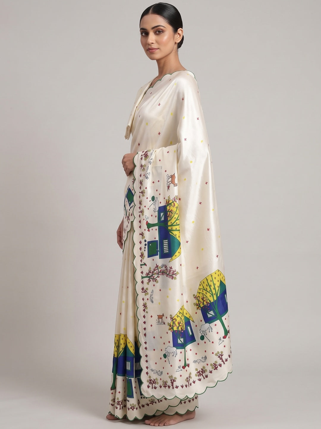 Designer Off White Soft Dola Silk Saree with Subtle Warli Print Detailing - Image 4