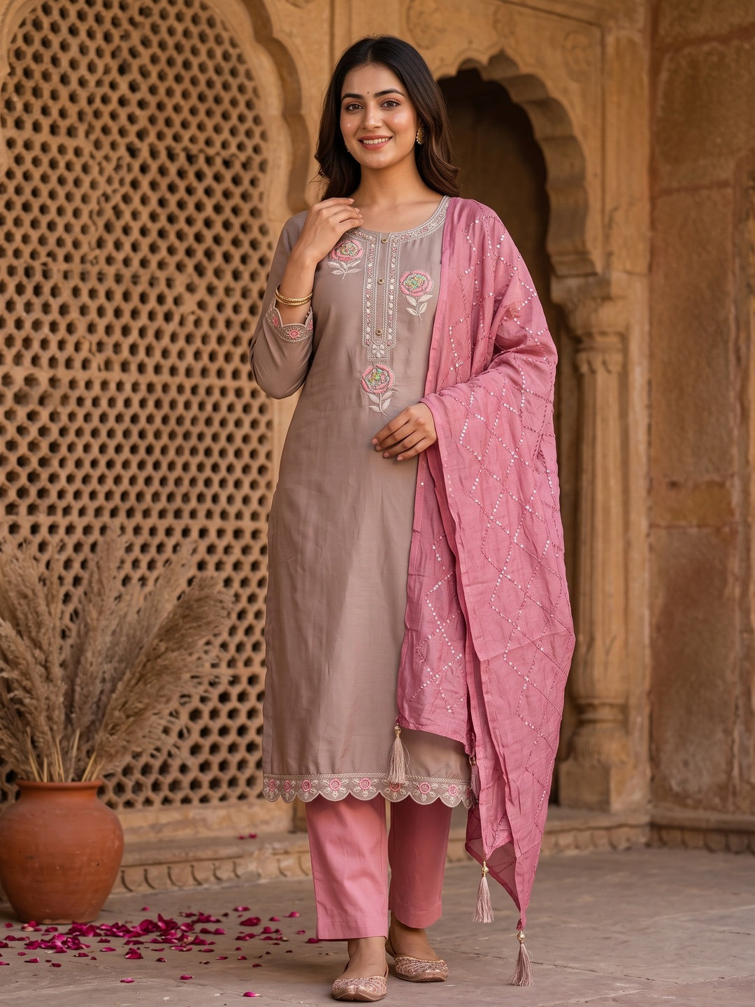 Dusty Brown Pure Cotton Dress Material Adorned With Floral Embroidery & Sparkling Swarovski - Image 1