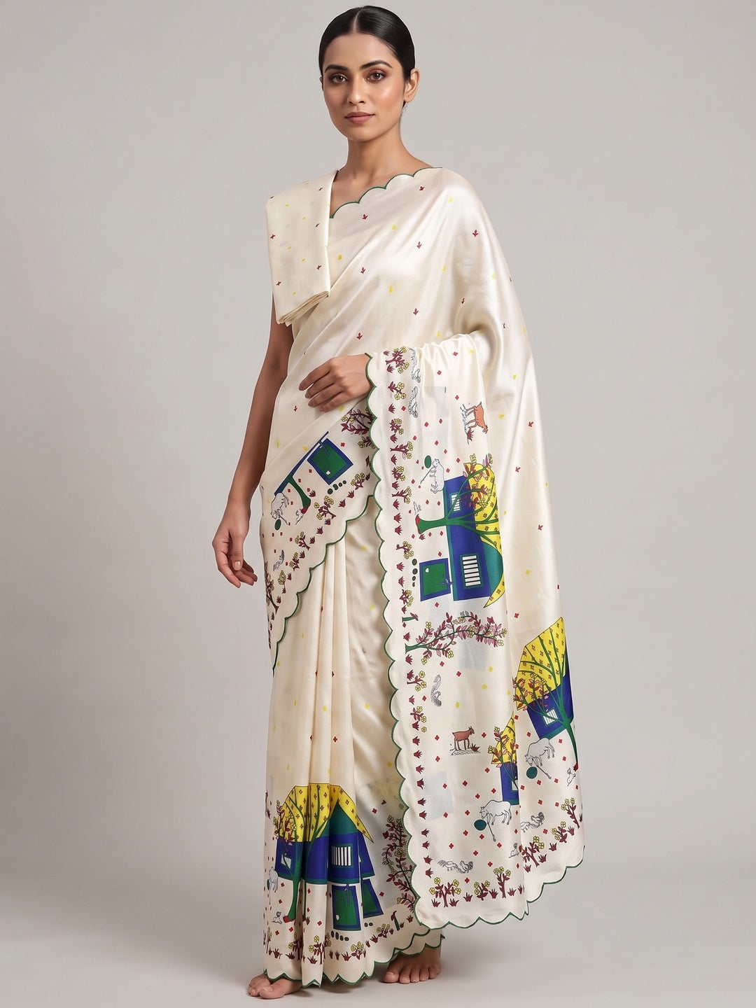 Designer Off White Soft Dola Silk Saree with Subtle Warli Print Detailing - Image 1