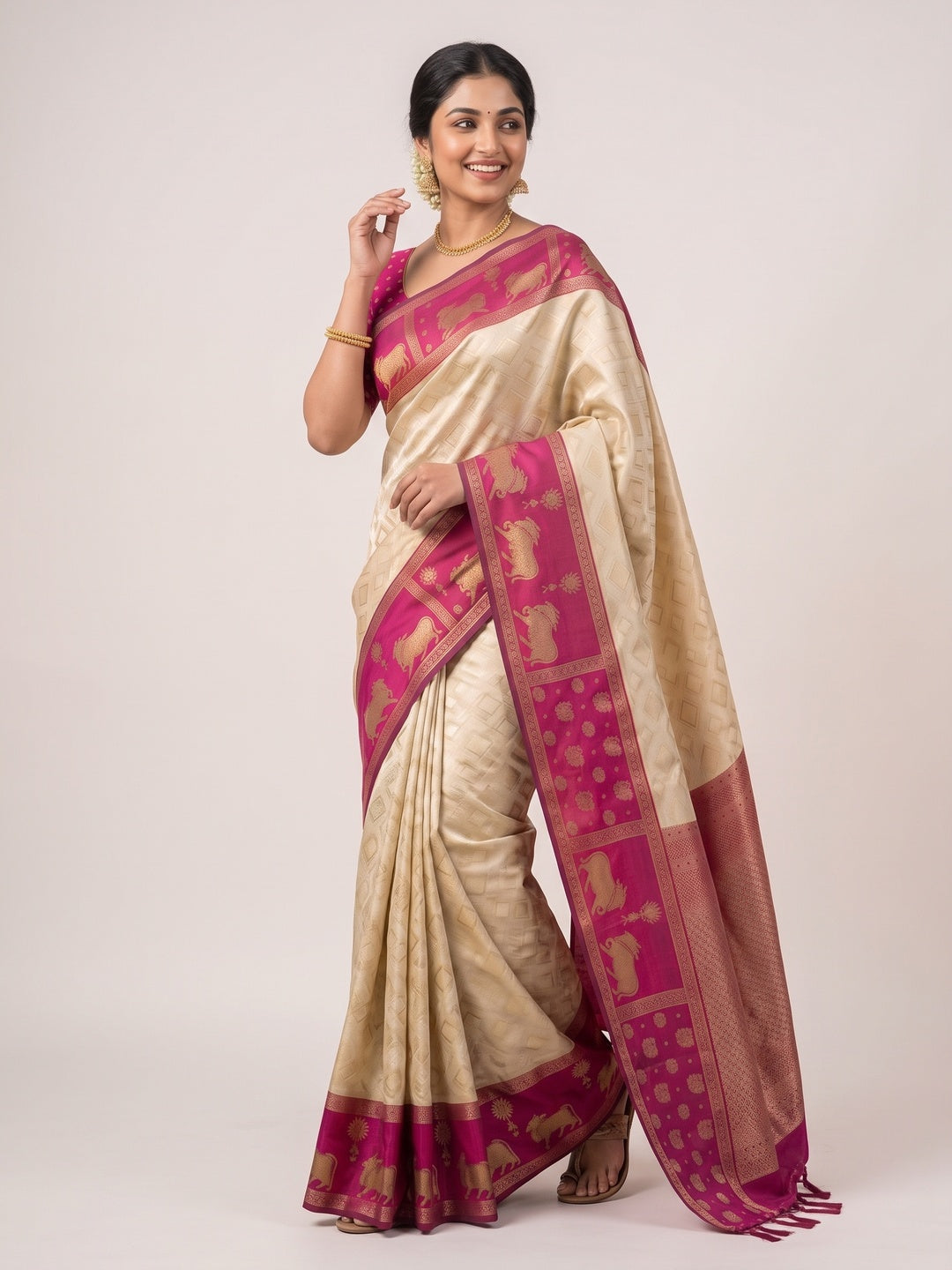 Classic Cream Zari Woven Kanjivaram Silk Saree With Detailed Animal Motif Border & Tassel Pallu - Image 5