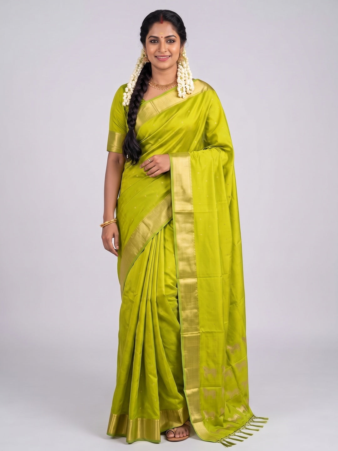Majestic Parrot Green Horse Motif Woven Soft Silk Blend Saree With Designer Tassel Pallu - Image 1