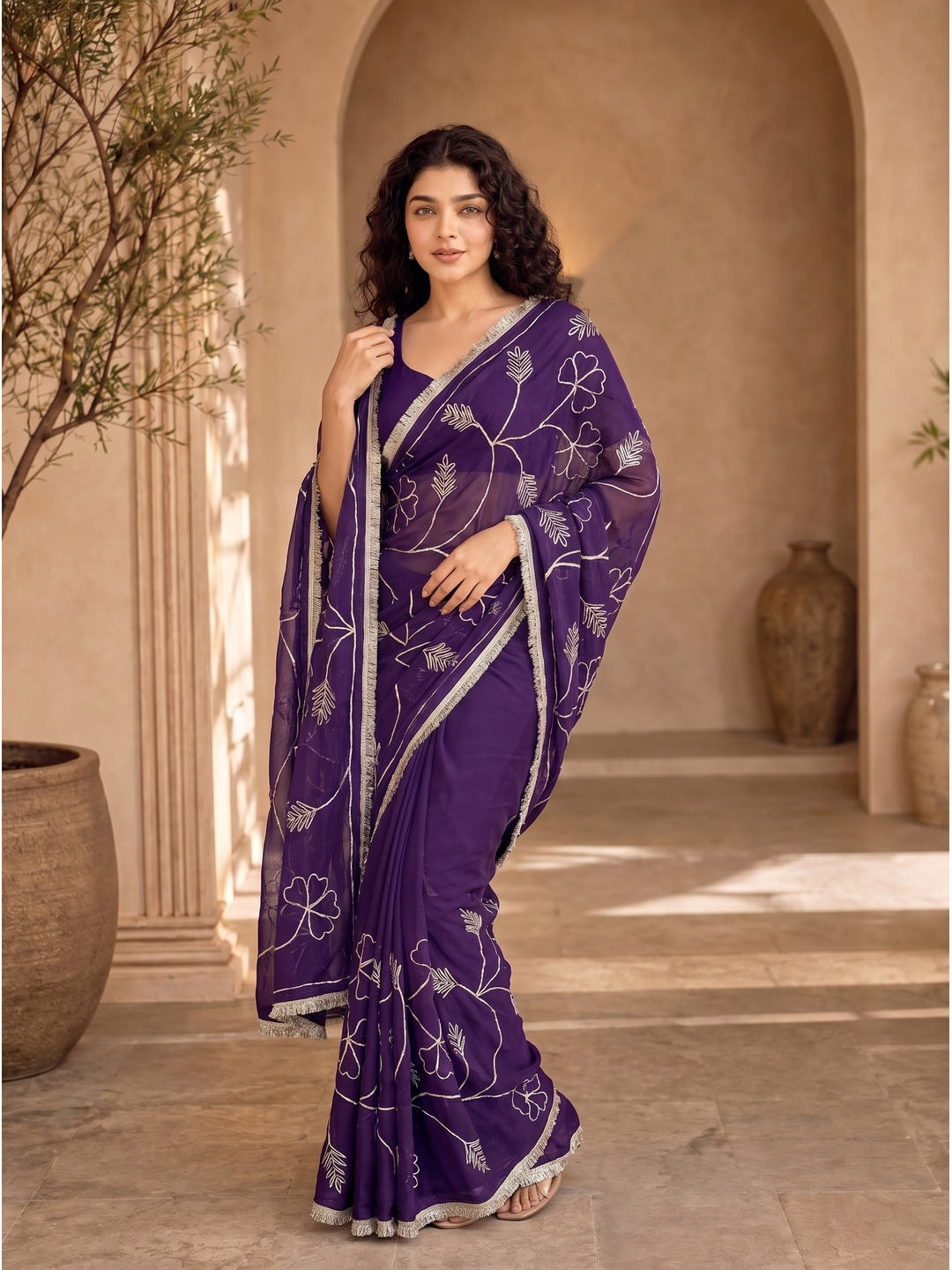 Peachmode Purple Gota Patti Star Georgette Saree - Image 1