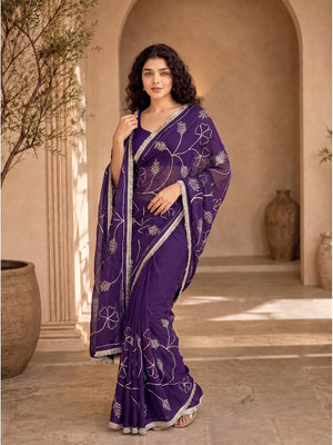 Peachmode Purple Gota Patti Star Georgette Saree - Image 1