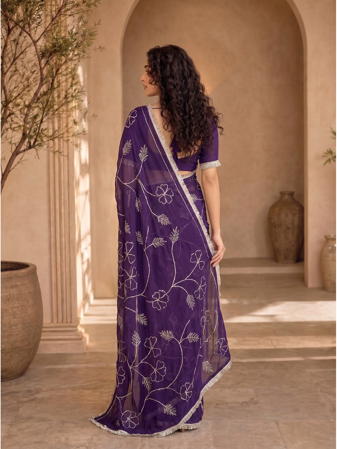 Peachmode Purple Gota Patti Star Georgette Saree - Image 2
