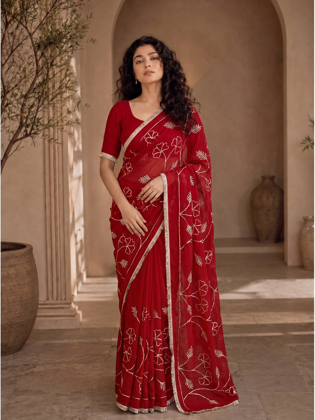 Peachmode Red Gota Patti Star Georgette Saree - Image 1