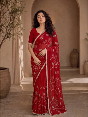 Peachmode Red Gota Patti Star Georgette Saree - Image 1