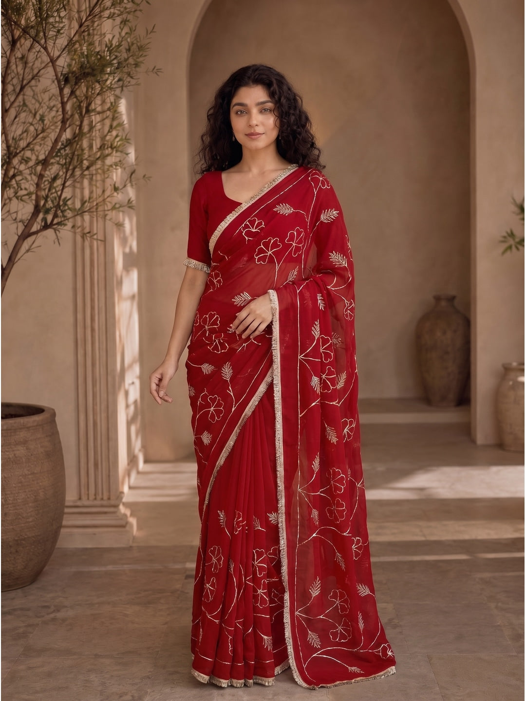 Peachmode Red Gota Patti Star Georgette Saree - Image 2