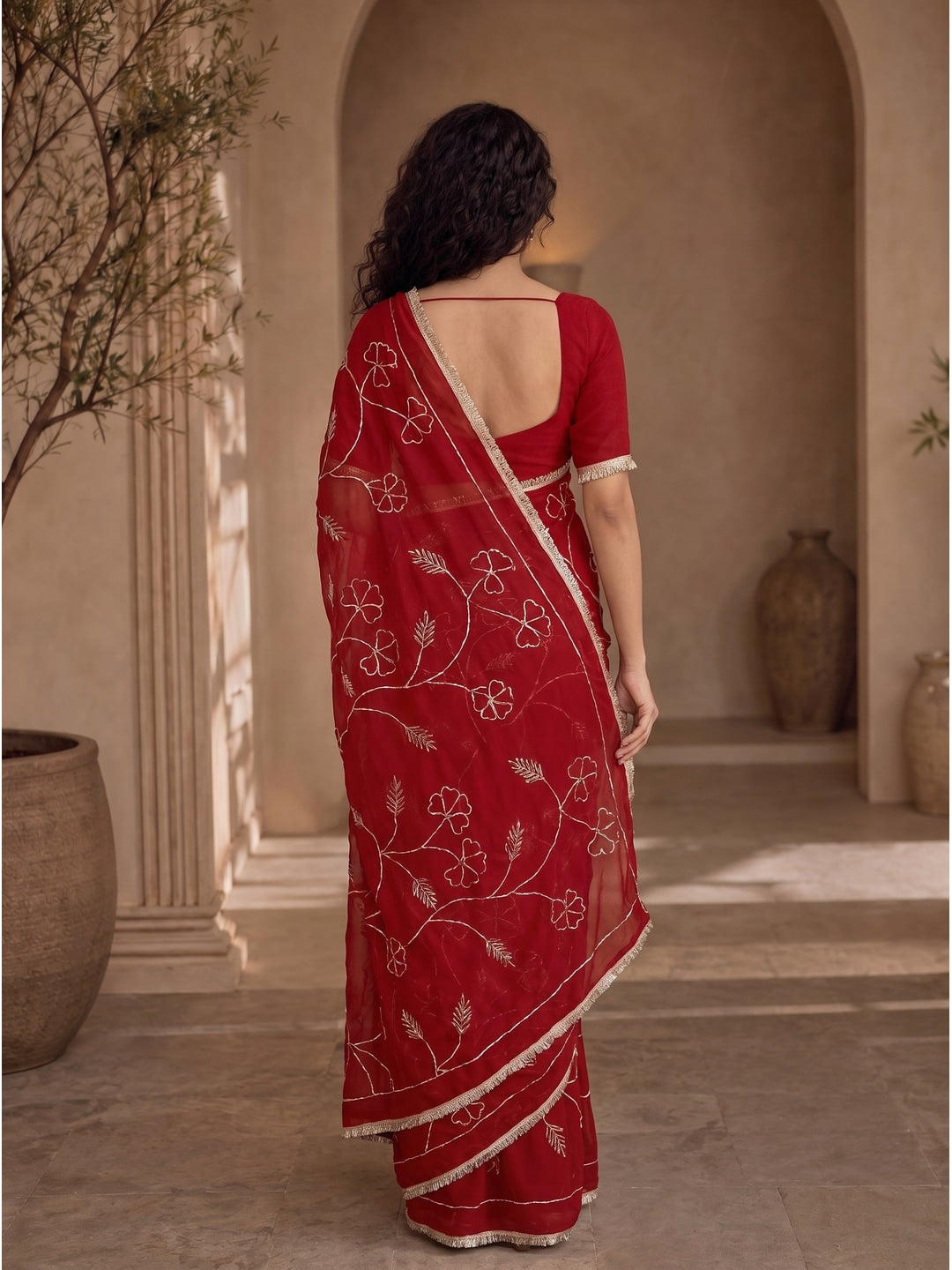 Peachmode Red Gota Patti Star Georgette Saree - Image 3