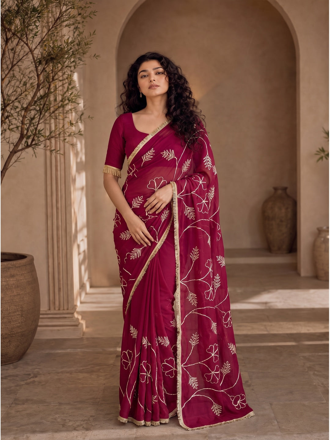 Peachmode Rani Pink Gota Patti Star Georgette Saree - Image 1