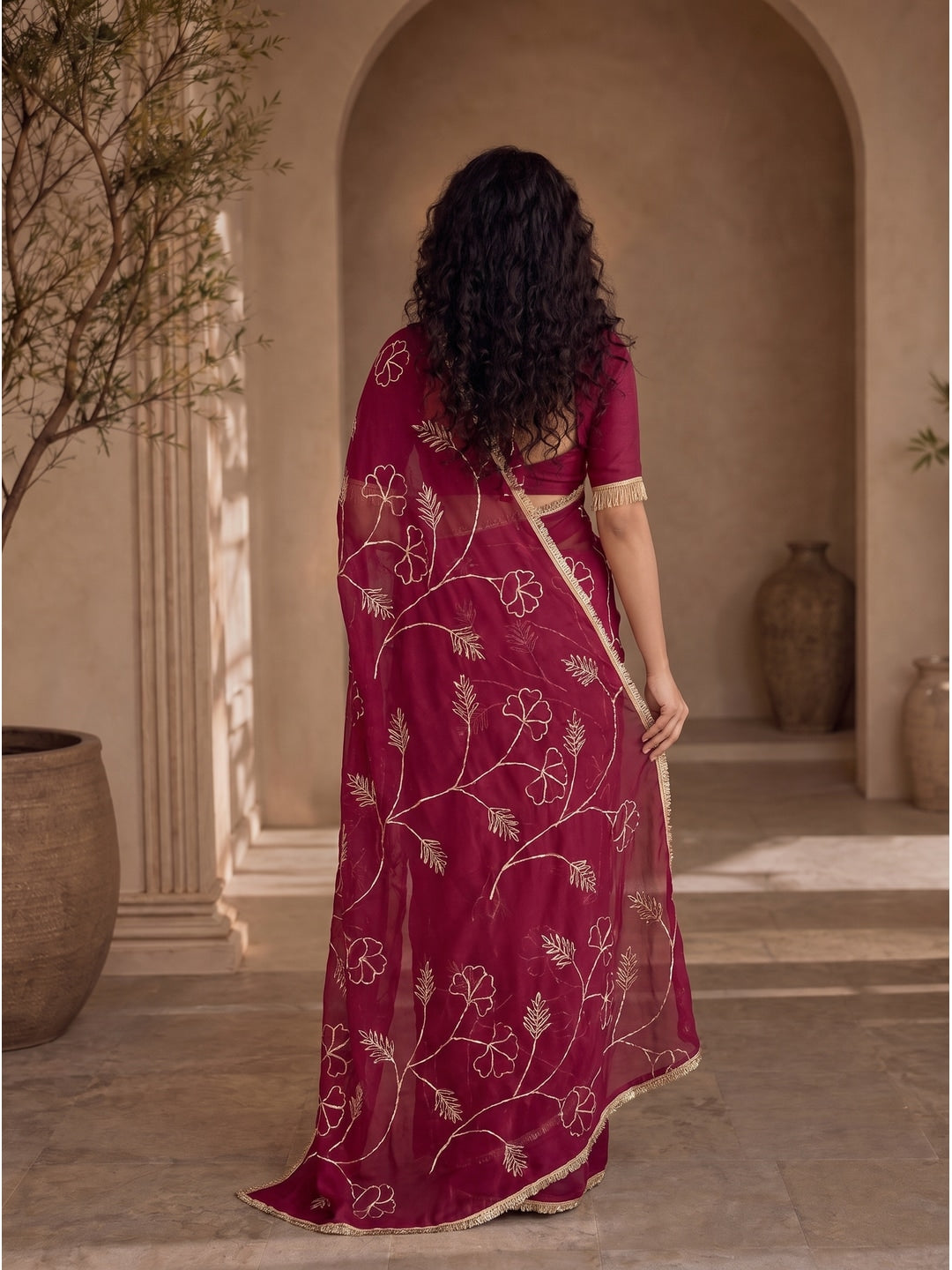 Peachmode Rani Pink Gota Patti Star Georgette Saree - Image 3