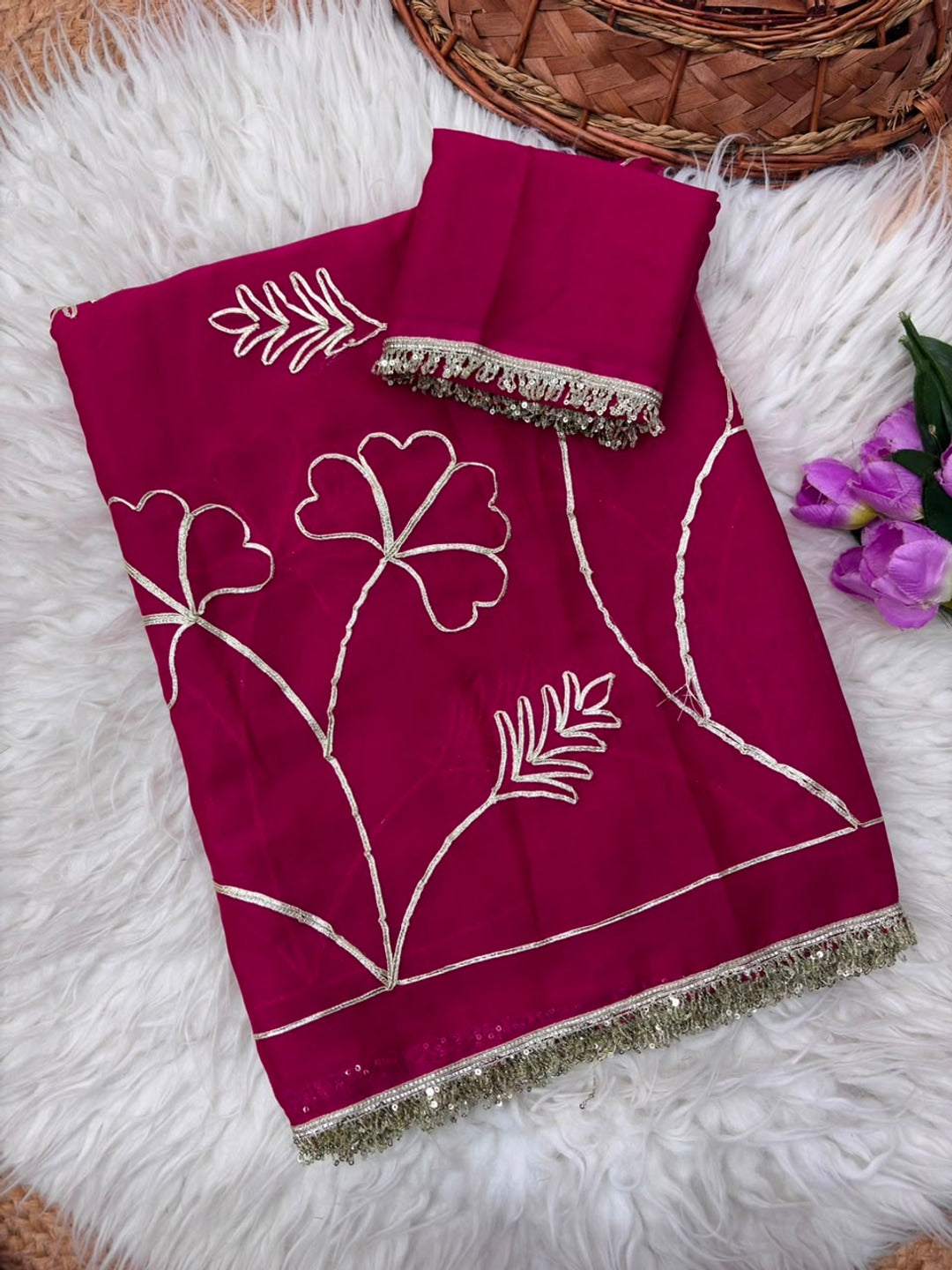 Peachmode Rani Pink Gota Patti Star Georgette Saree - Image 5