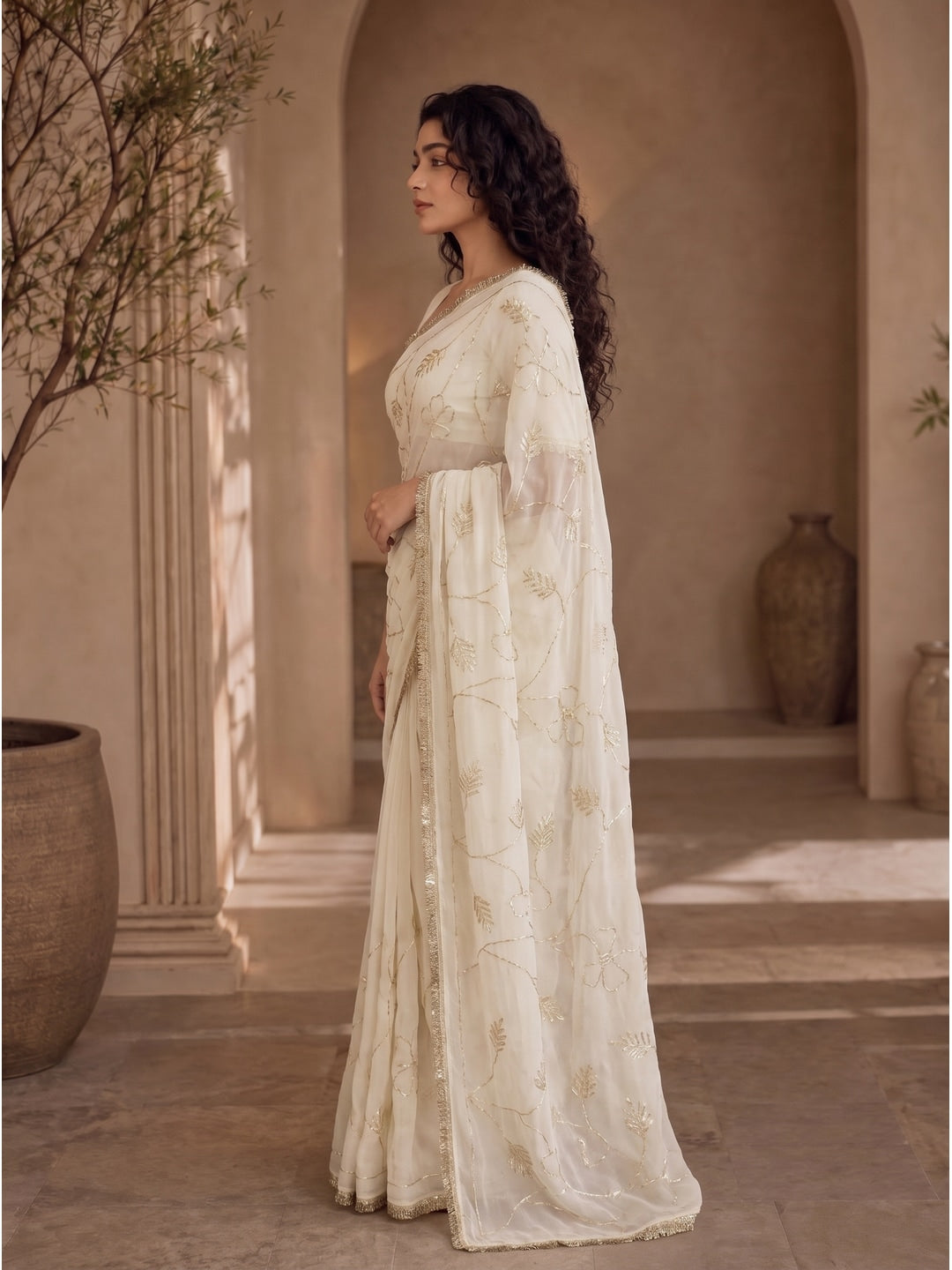 Peachmode White Gota Patti Star Georgette Saree - Image 4