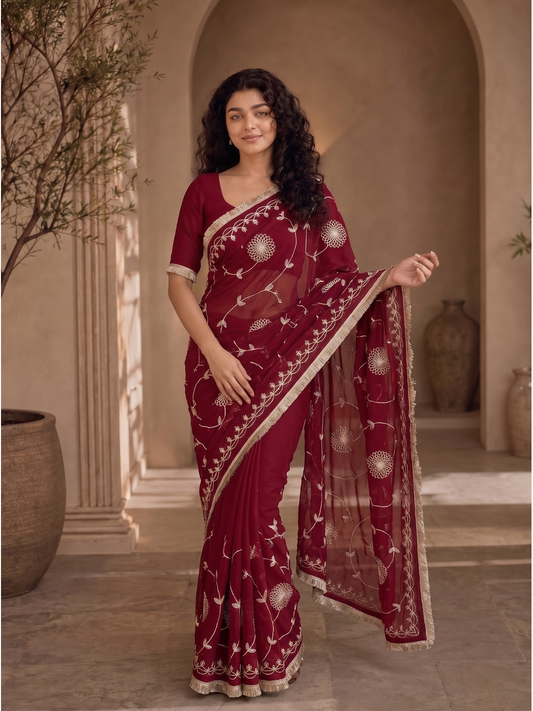 Peachmode Rani Pink Gota Patti Star Georgette Saree - Image 2