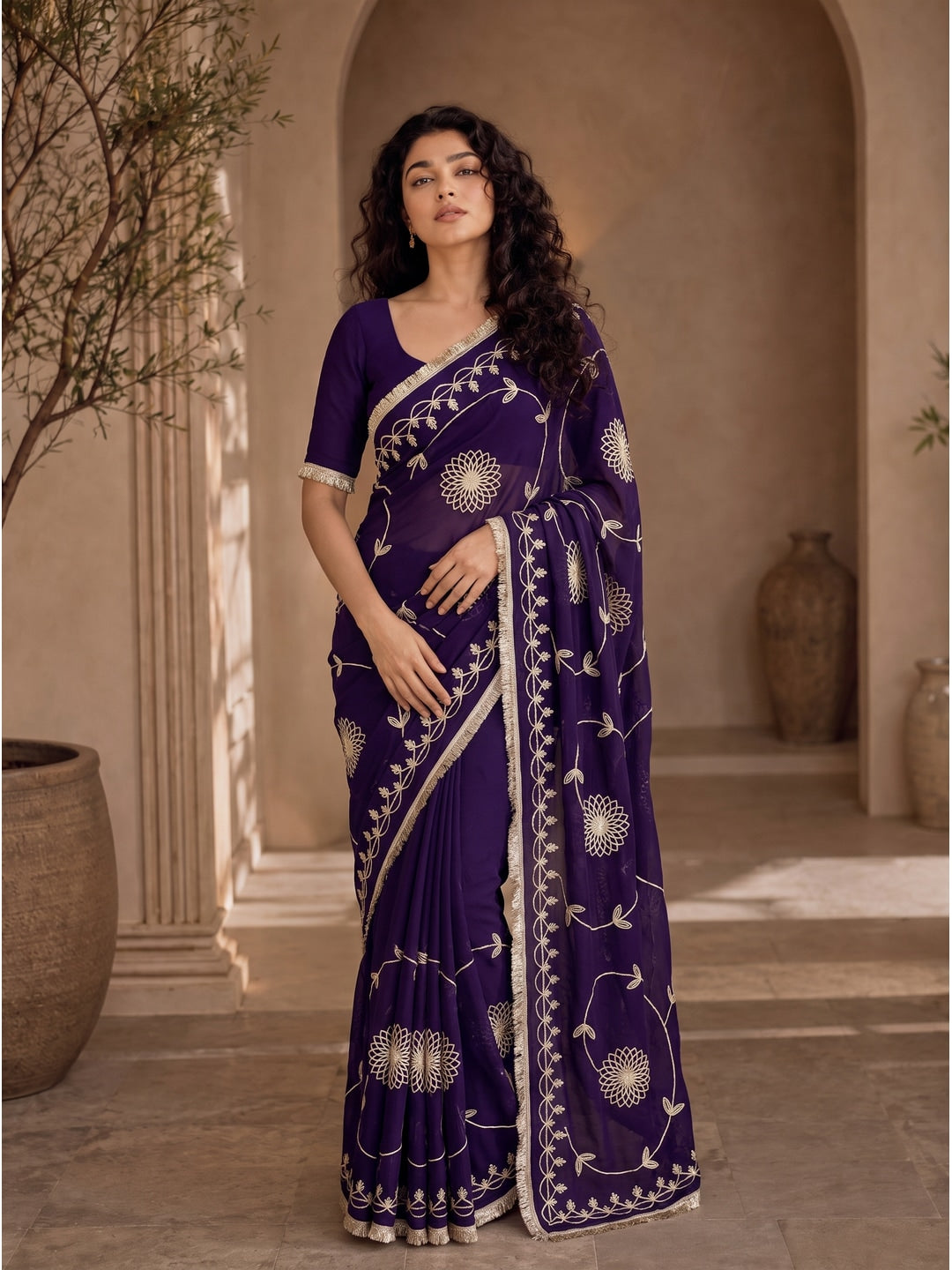 Peachmode Purple Gota Patti Star Georgette Saree - Image 1