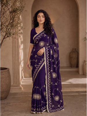 Peachmode Purple Gota Patti Star Georgette Saree - Image 2