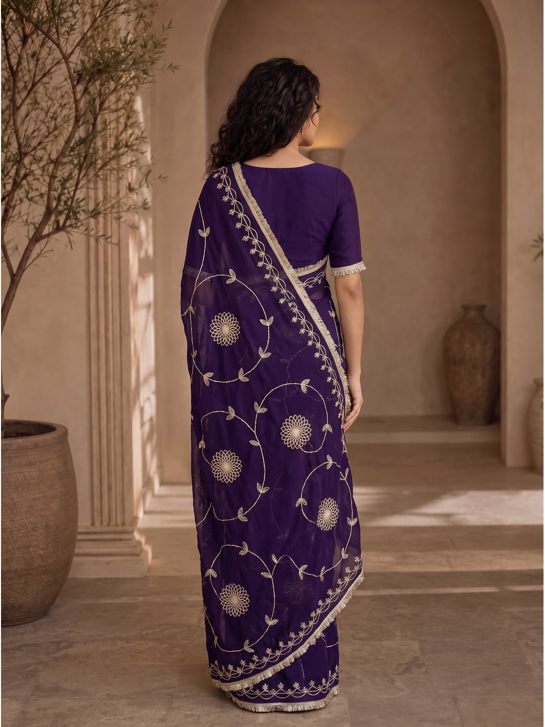 Peachmode Purple Gota Patti Star Georgette Saree - Image 3