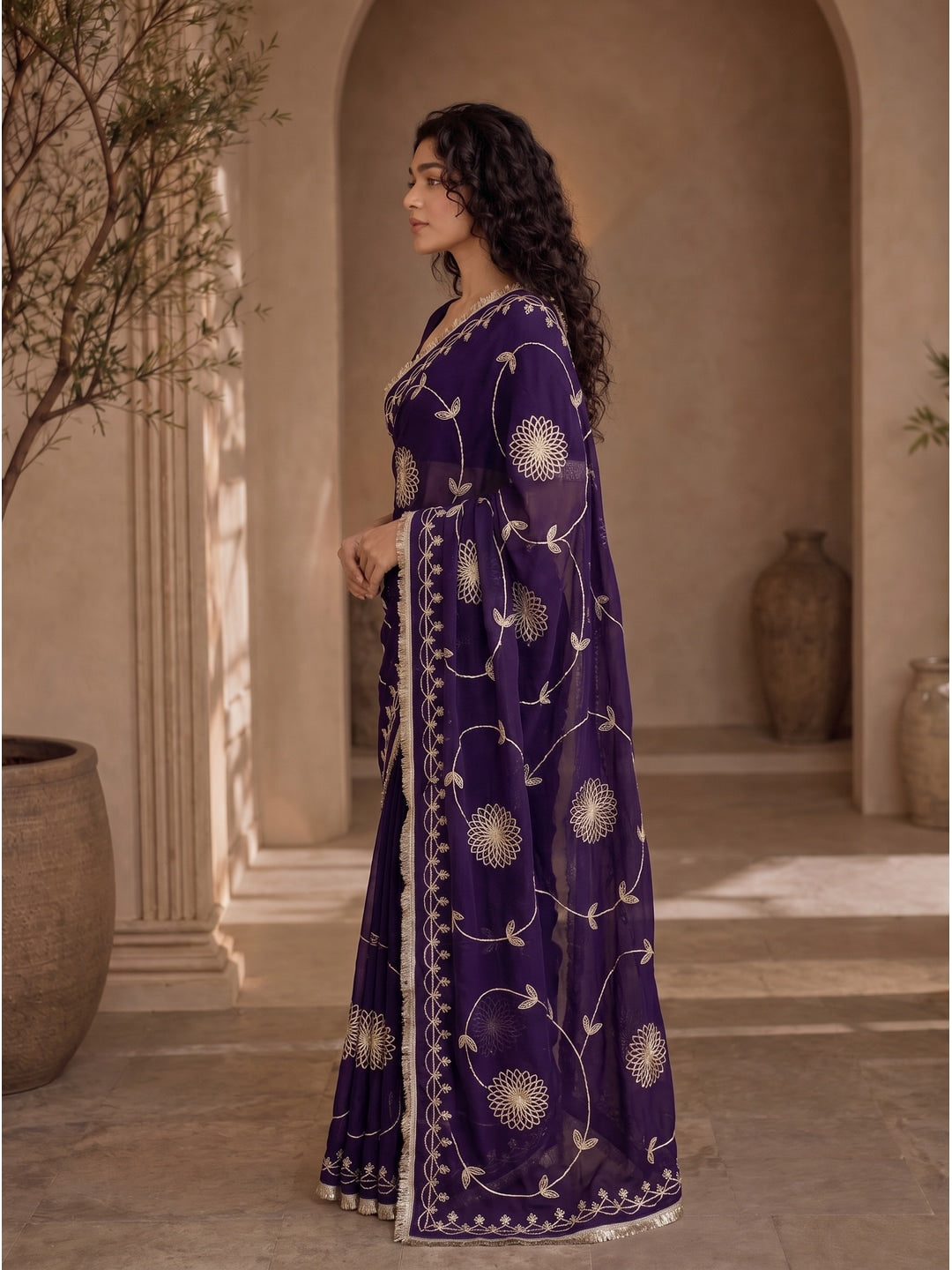 Peachmode Purple Gota Patti Star Georgette Saree - Image 4