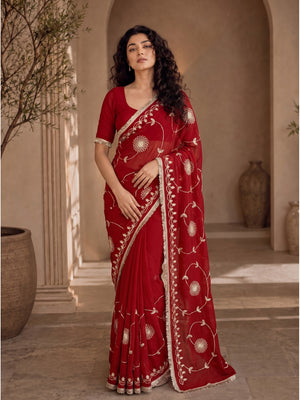 Peachmode Red Gota Patti Star Georgette Saree - Image 1