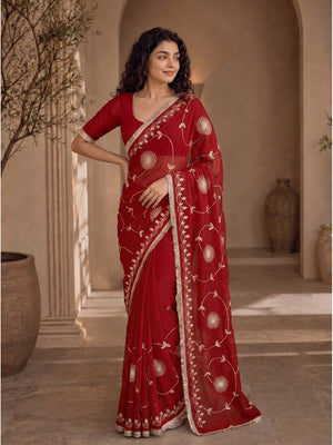 Peachmode Red Gota Patti Star Georgette Saree - Image 2