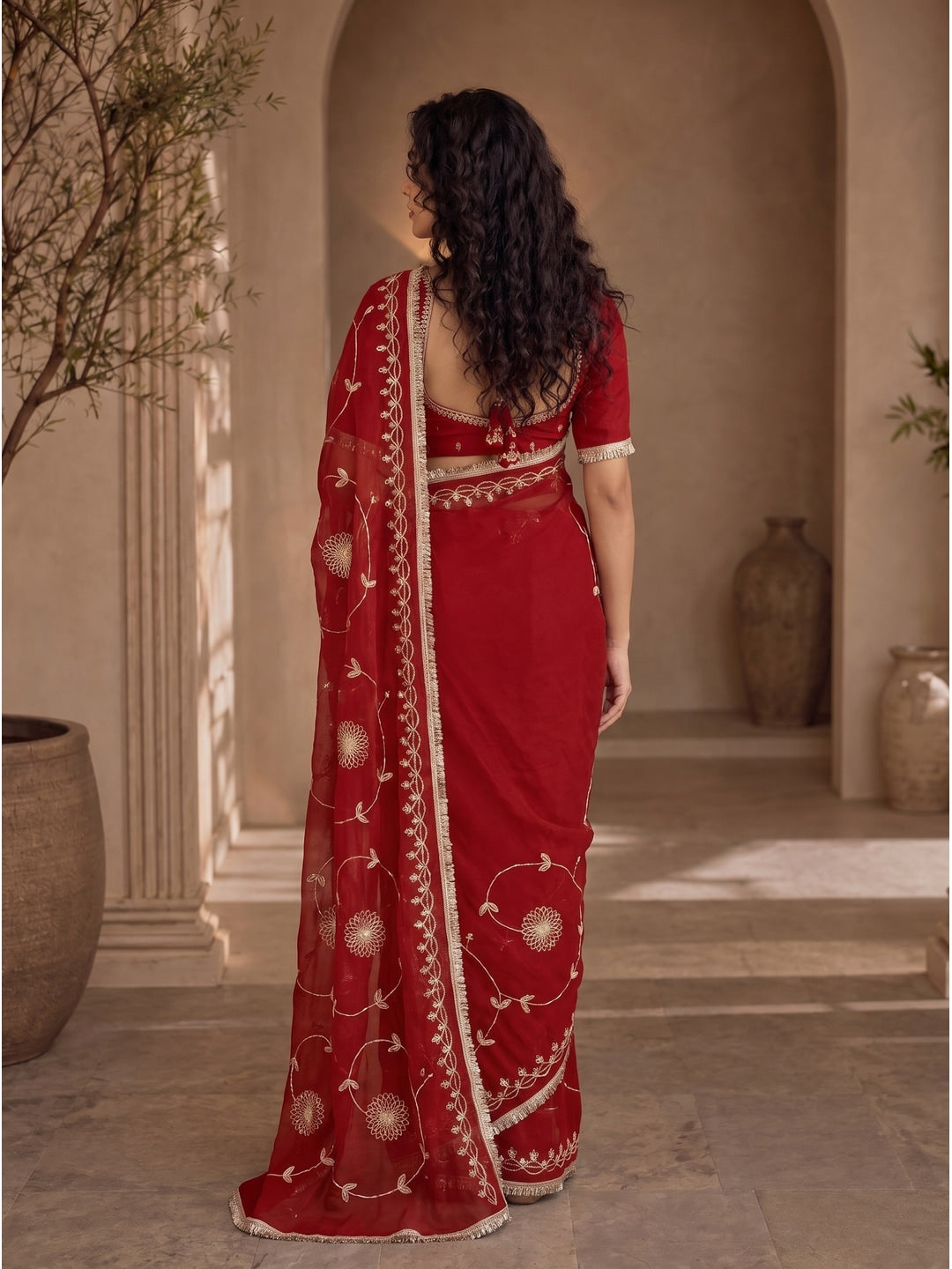 Peachmode Red Gota Patti Star Georgette Saree - Image 3