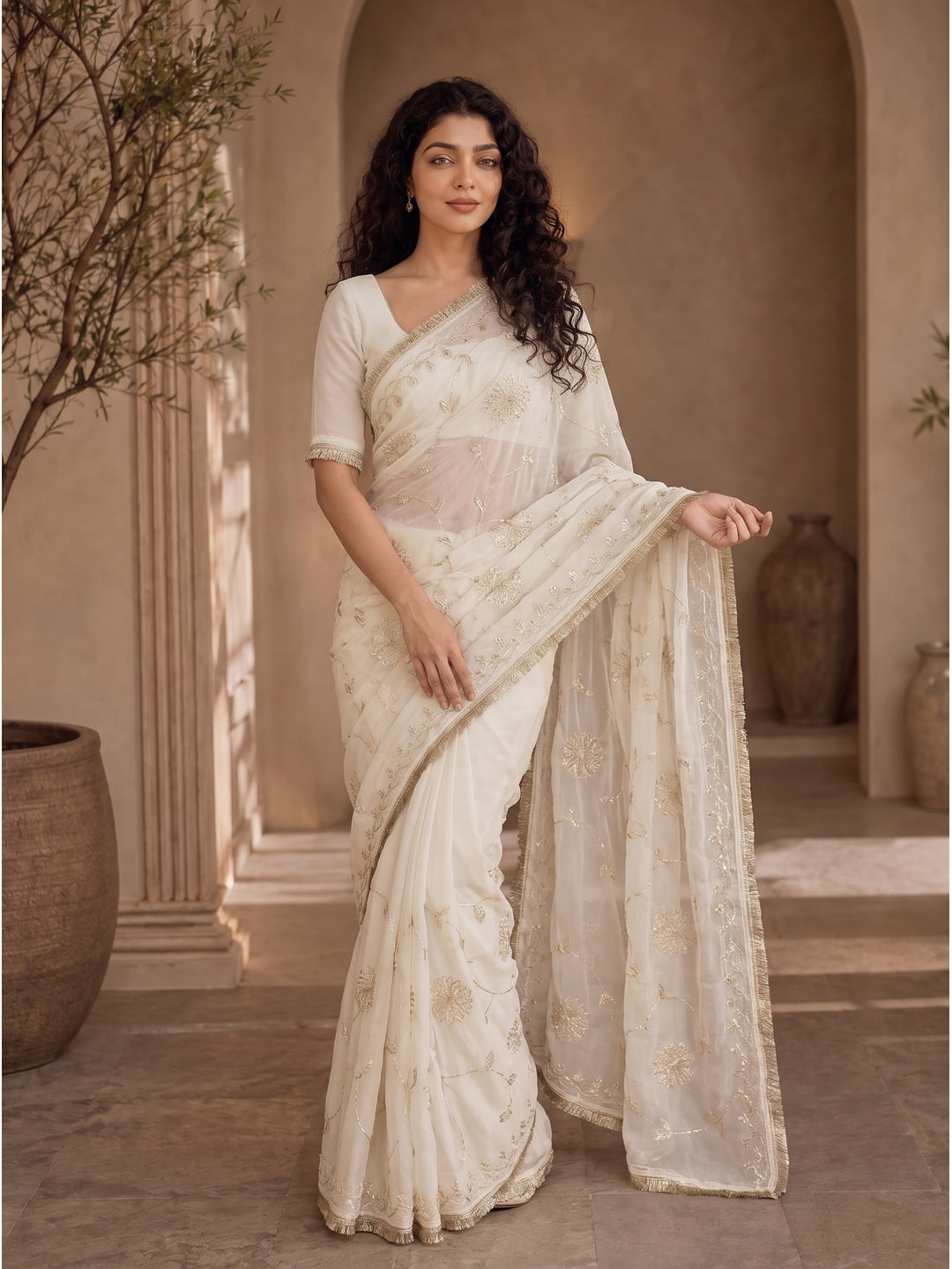 Peachmode White Gota Patti Star Georgette Saree - Image 2