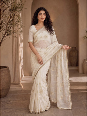 Peachmode White Gota Patti Star Georgette Saree - Image 2