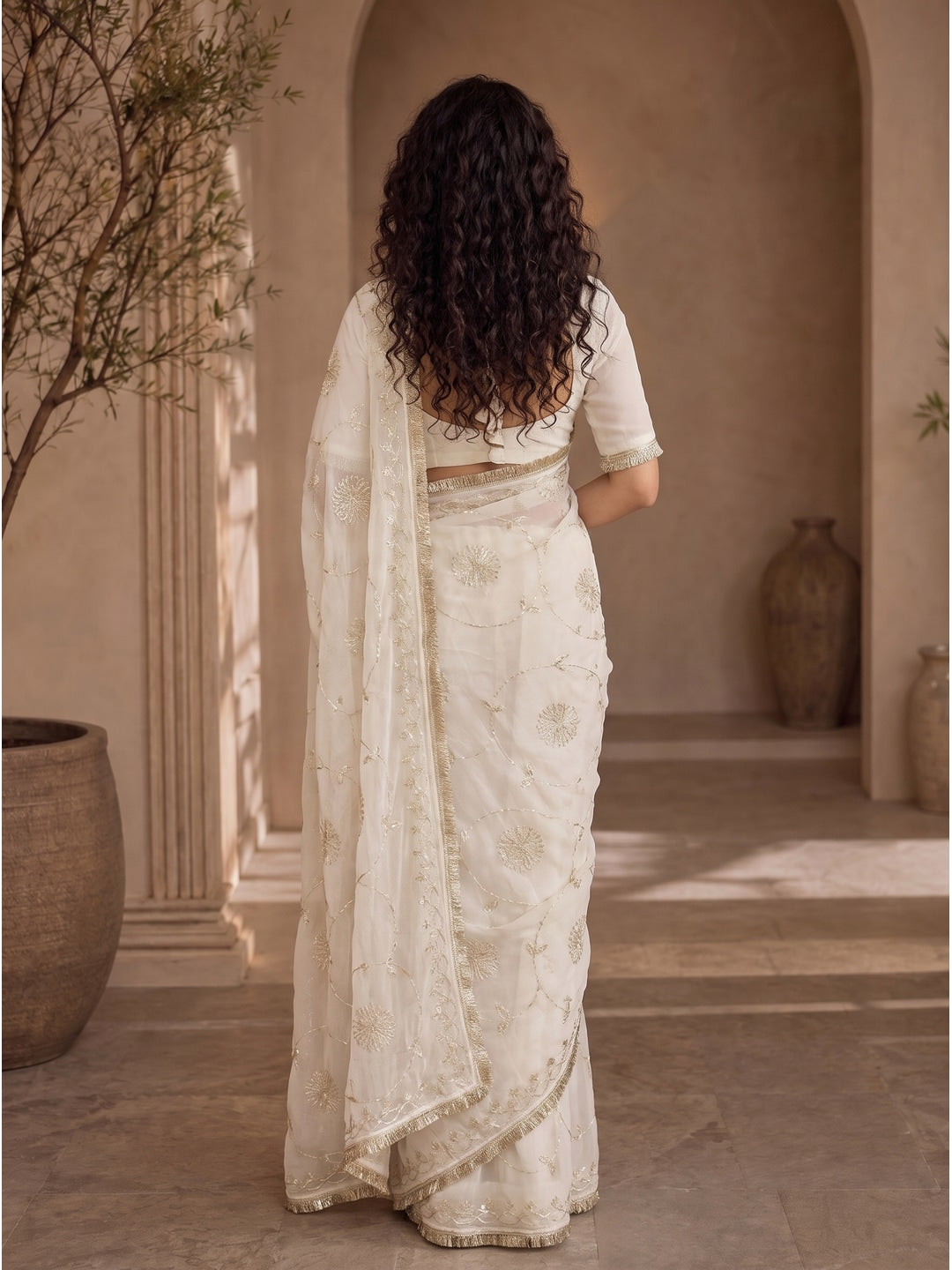 Peachmode White Gota Patti Star Georgette Saree - Image 3