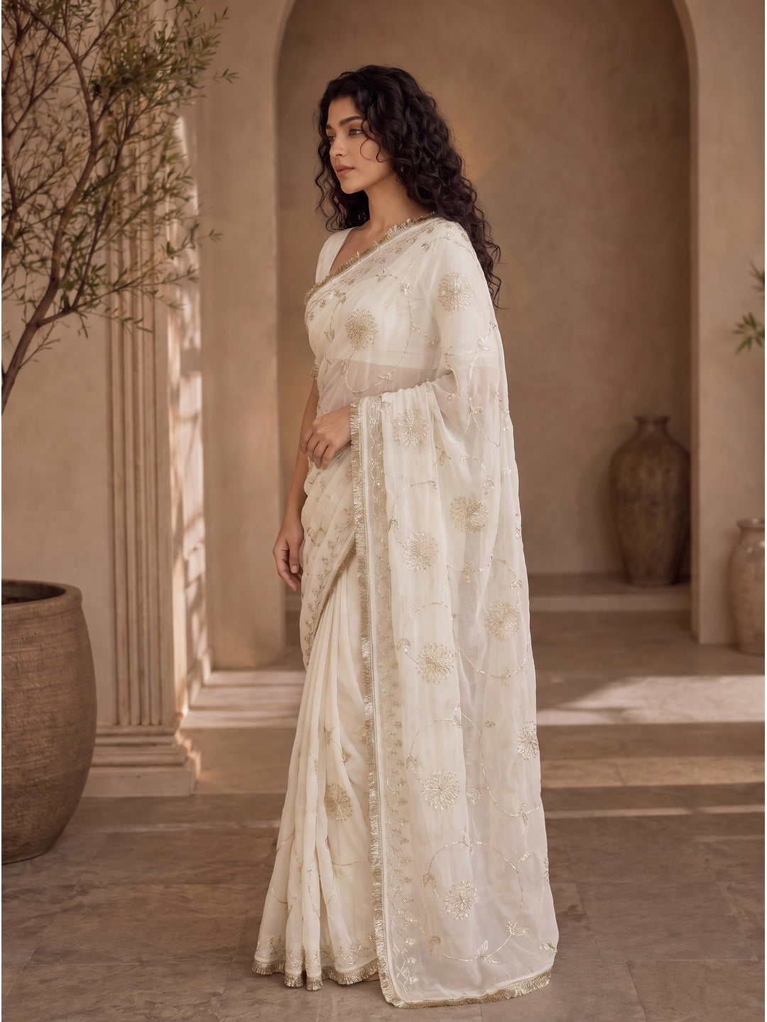 Peachmode White Gota Patti Star Georgette Saree - Image 4