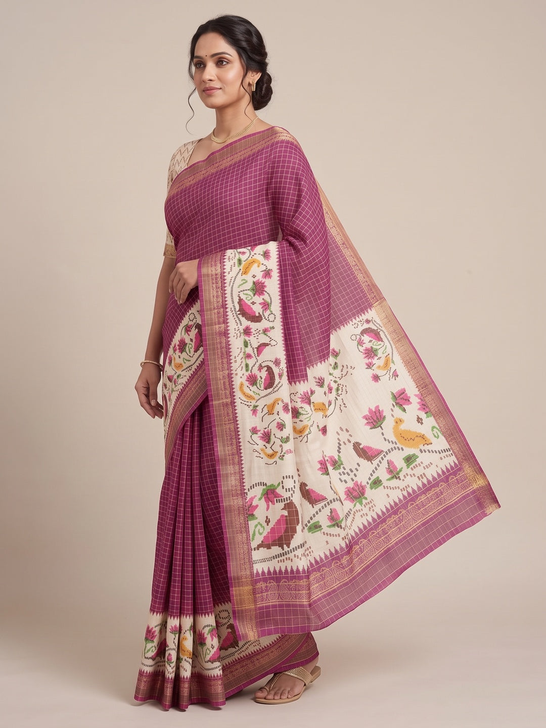 Peachmode Wine Digital Printed Malai Cotton Saree - Image 3