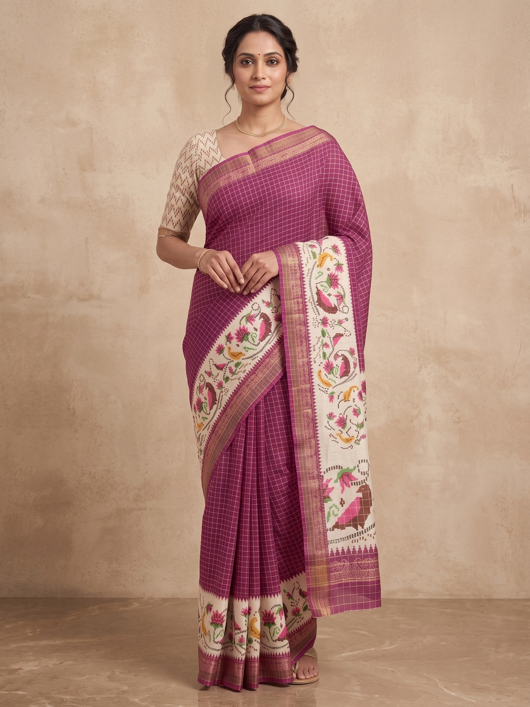 Peachmode Wine Digital Printed Malai Cotton Saree - Image 5