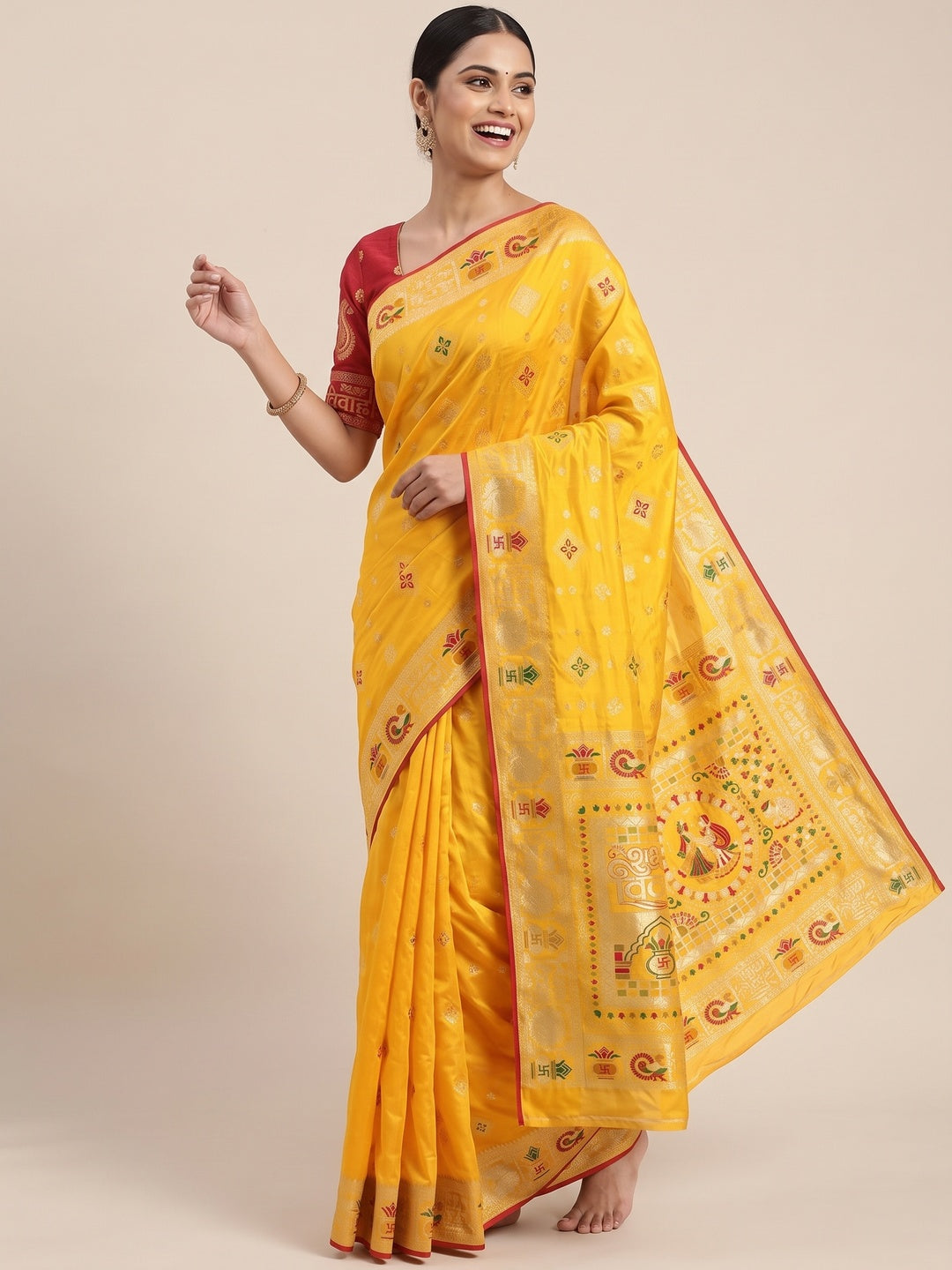 Yellow Artistic Meenakari Zari Woven Muslin Soft Saree with Smooth Fall - Image 5