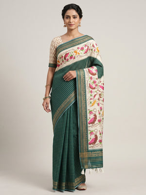 Peachmode Green Digital Printed Malai Cotton Saree - Image 1