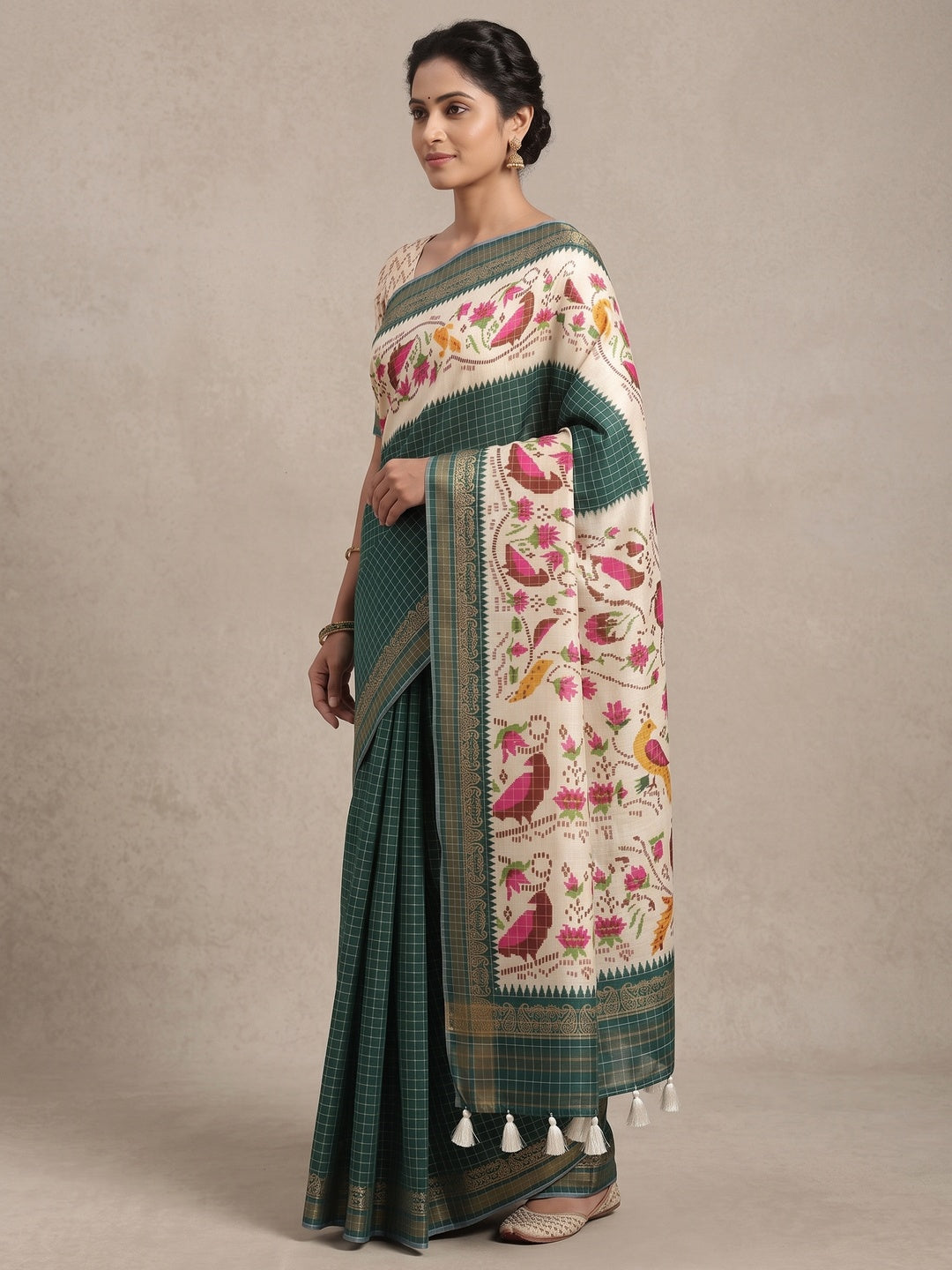Peachmode Green Digital Printed Malai Cotton Saree - Image 4