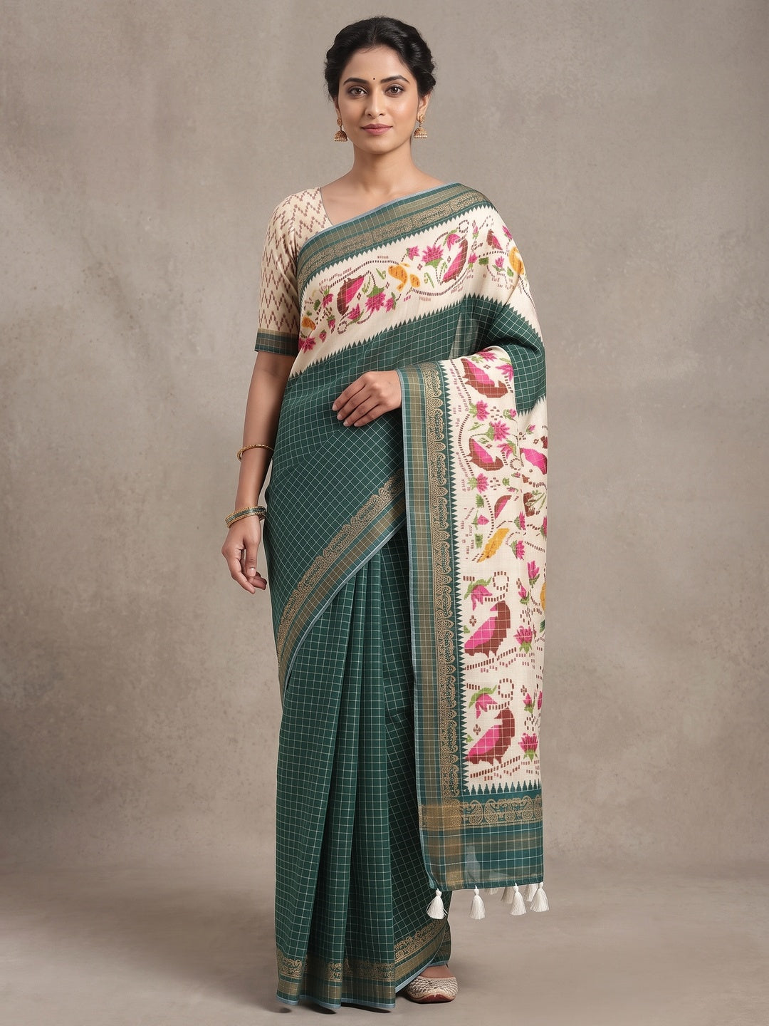 Peachmode Green Digital Printed Malai Cotton Saree - Image 5