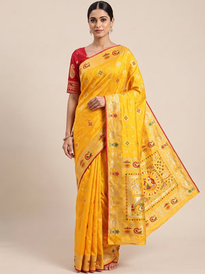 Yellow Artistic Meenakari Zari Woven Muslin Soft Saree with Smooth Fall - Image 1