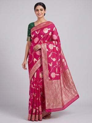 Pink Graceful Soft Muslin Saree Highlighted with Premium Meenakari Zari Work - Image 1