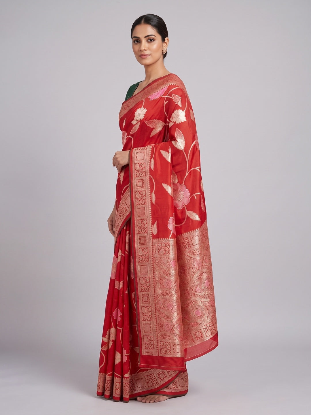 Red Graceful Soft Muslin Saree Highlighted with Premium Meenakari Zari Work - Image 3