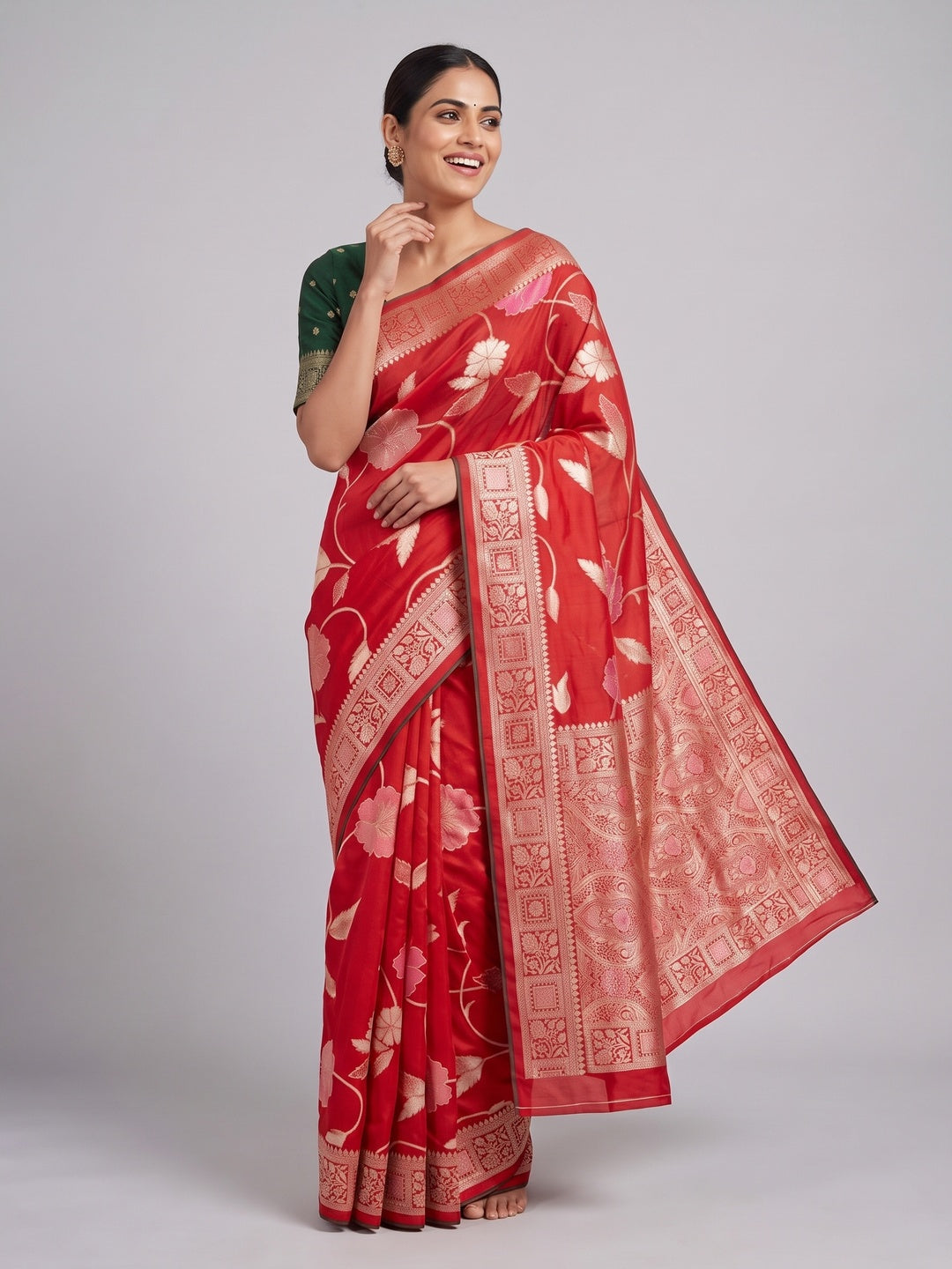 Red Graceful Soft Muslin Saree Highlighted with Premium Meenakari Zari Work - Image 4