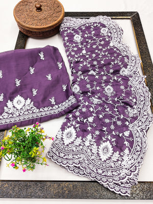 Peachmode Lavender Floral Embroidered Mul Chanderi Saree - Image 2