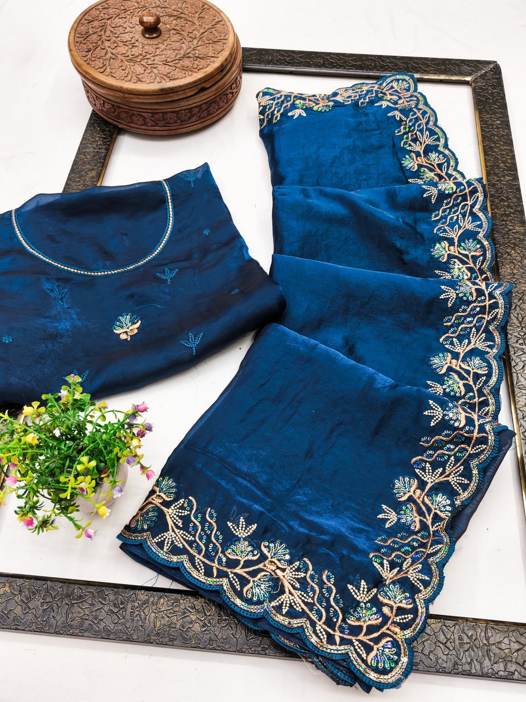 Peachmode Navy Blue Floral Embroidered Fandy Satin Saree - Image 2
