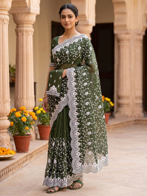 Peachmode Green Floral Embroidered Mul Chanderi Saree - Image 1