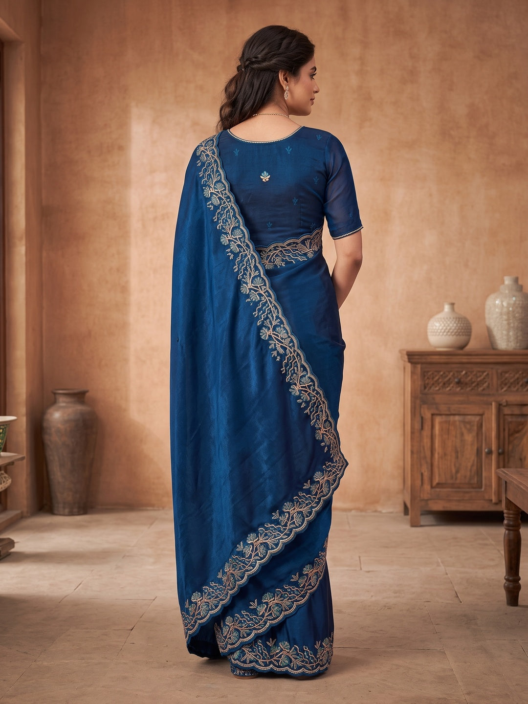 Peachmode Navy Blue Floral Embroidered Fandy Satin Saree - Image 3