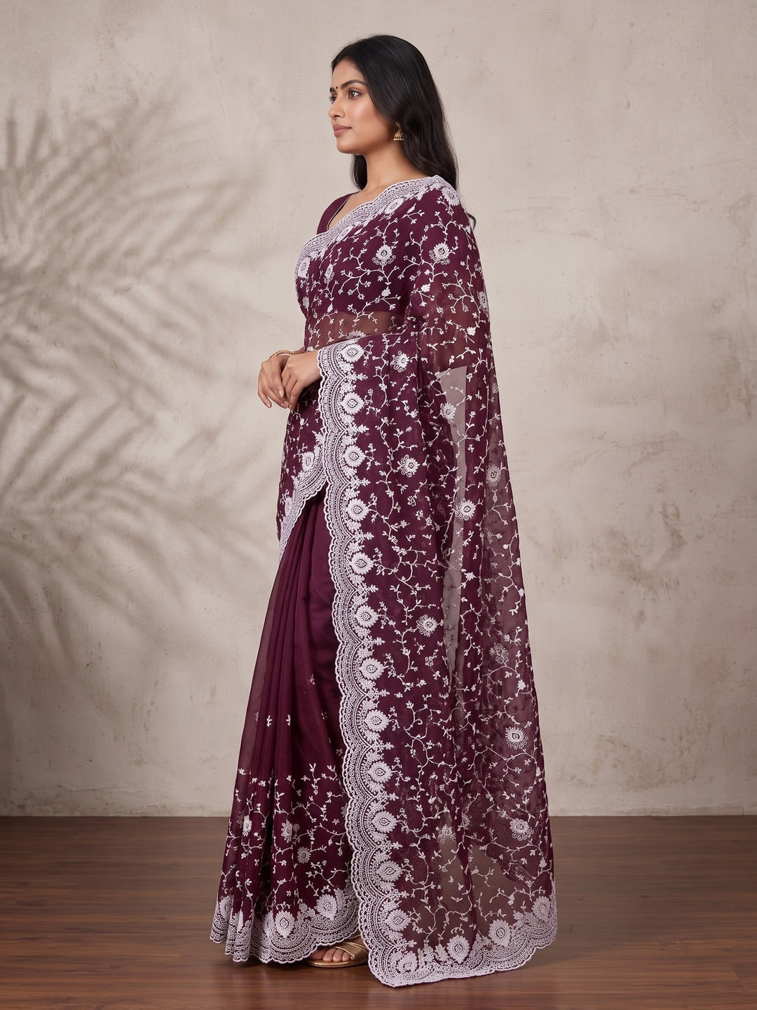 Peachmode Maroon Floral Embroidered Mul Chanderi Saree - Image 5