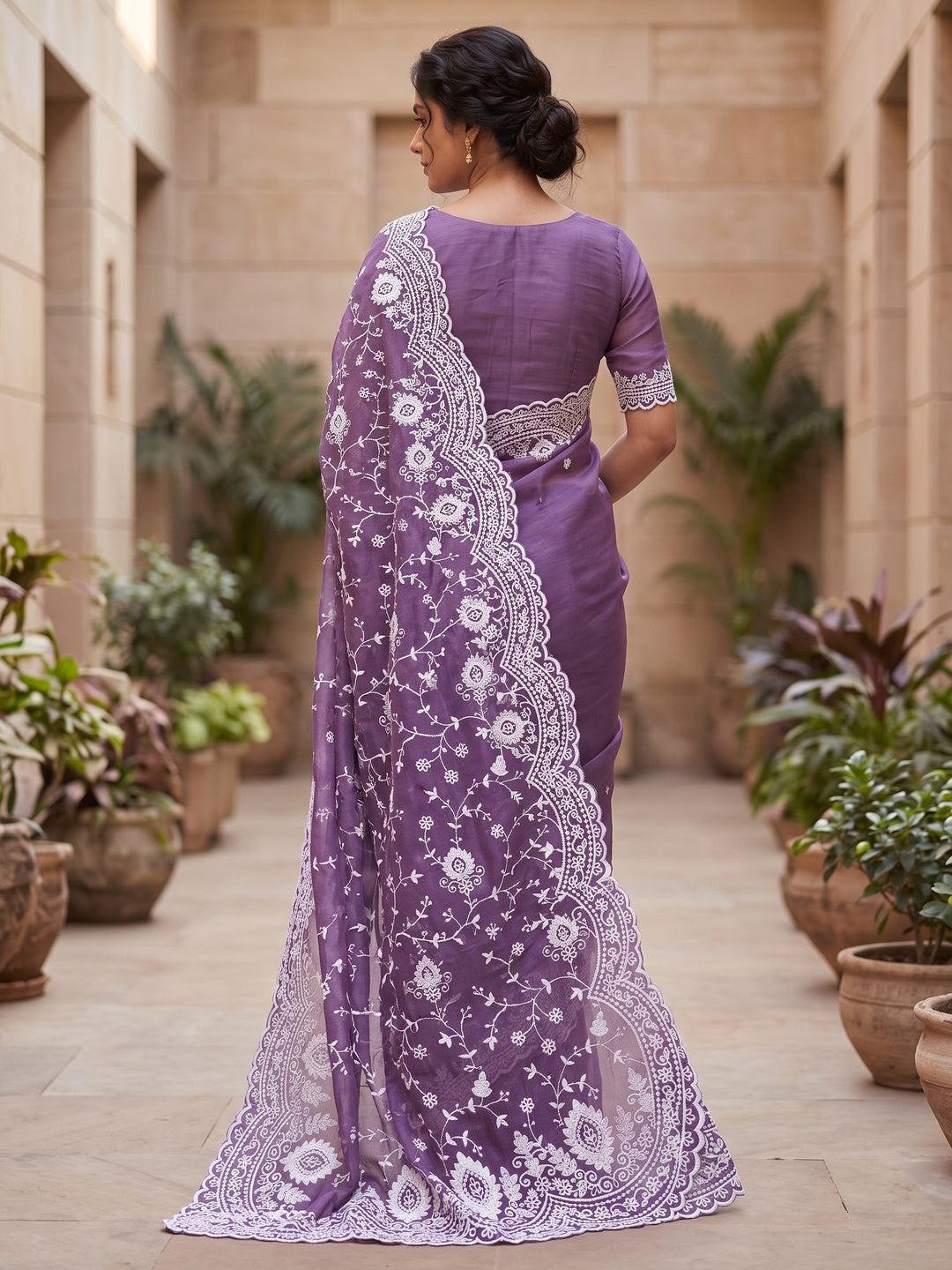 Peachmode Lavender Floral Embroidered Mul Chanderi Saree - Image 3