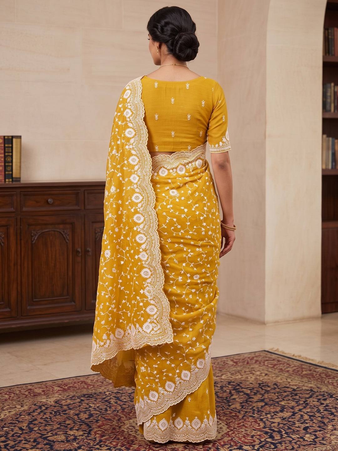 Peachmode Mustard Floral Embroidered Mul Chanderi Saree - Image 4