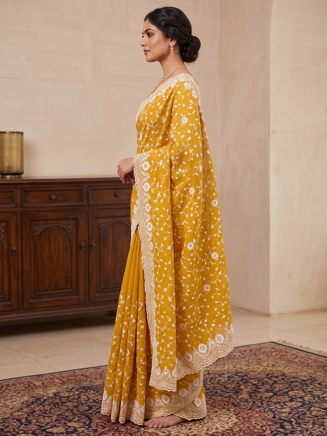 Peachmode Mustard Floral Embroidered Mul Chanderi Saree - Image 5