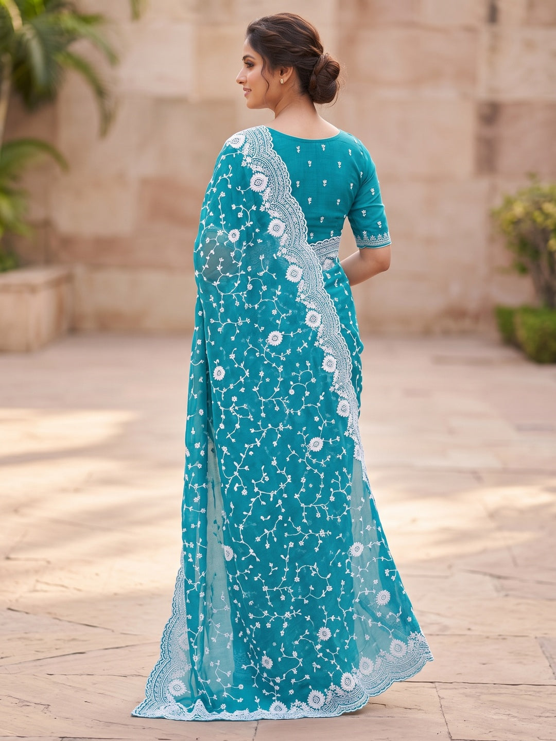 Peachmode Teal Floral Embroidered Mul Chanderi Saree - Image 4